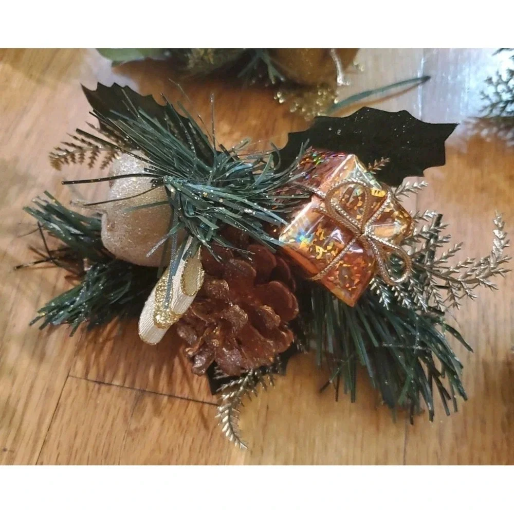 Artificial Pine Stem Fake Pine Cone Glitter Fruit Apple Gold Present Floral Pick